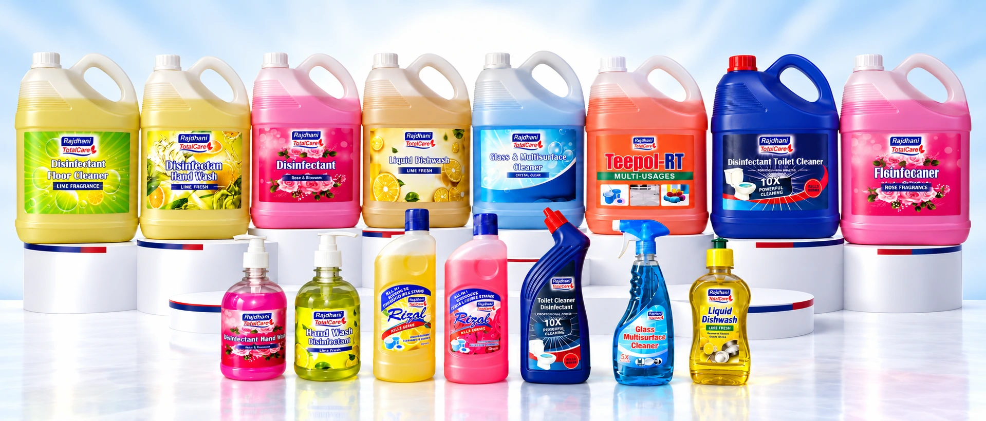 The Rajdhani TotalCare photographed product range: handwash, toilet, floor, dishwash, glass cleaners and Teepol